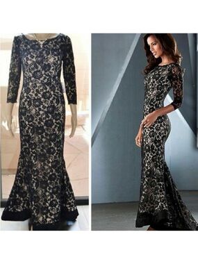 VENUS Black Lace Overlay Long Sleeve Mermaid Gown